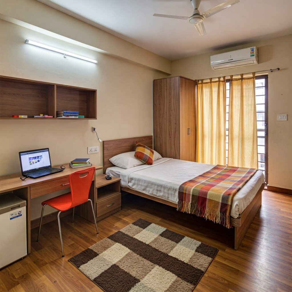 Comfortable and well-lit PG room with a bed, desk, wardrobe, and study area in Vile Parle or Juhu, ideal for students near Mithibai and NMIMS.